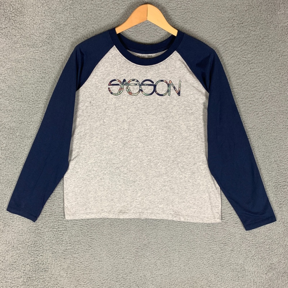 Johnny Was Sasson Raglan Baseball T-Shirt Women's Large L Grey/Blue Floral Logo